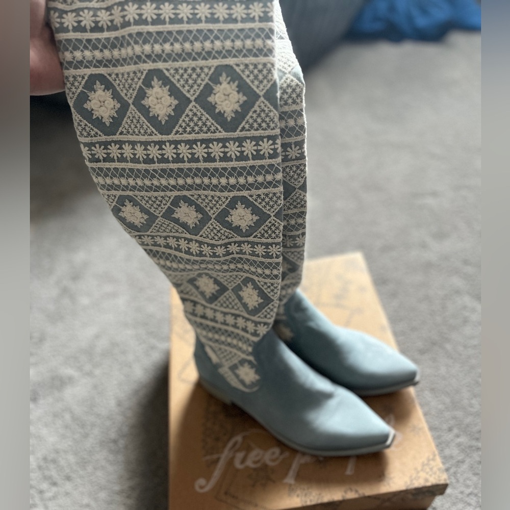Free People Blue and Cream Over the Knee Boots - Picture 3 of 6